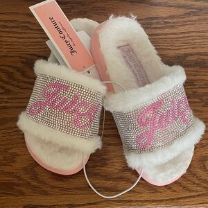 Juicy Couture Pink Rhinestone and White Fur Slides